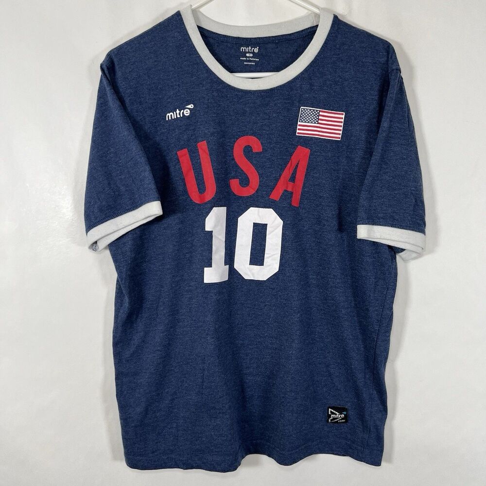 Mitre Elite USA Soccer Ringer T Shirt Mens Size Medium Blue #10 Flag Jersey